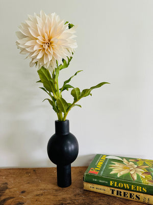 Image of M+A Black Soapstone Keyhole Vase with Cafe au Lait Dahlia on old farm table alongside vintage books of flowers and trees.