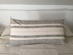 Image of the Offset Stripe Hand Loomed Coverlet with the Block Print Horizontal Bands Lumbar Pillow
