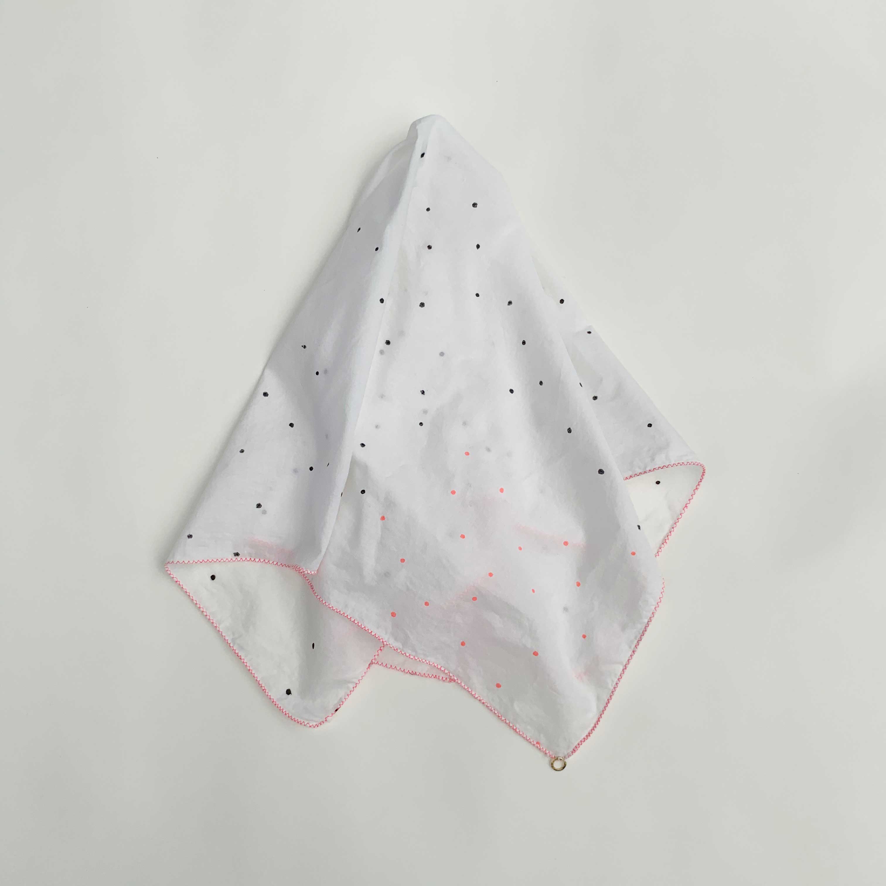M+A NYC Block Print Scarf Scattered Dots in Black and Porange on a white ground, 25” Square