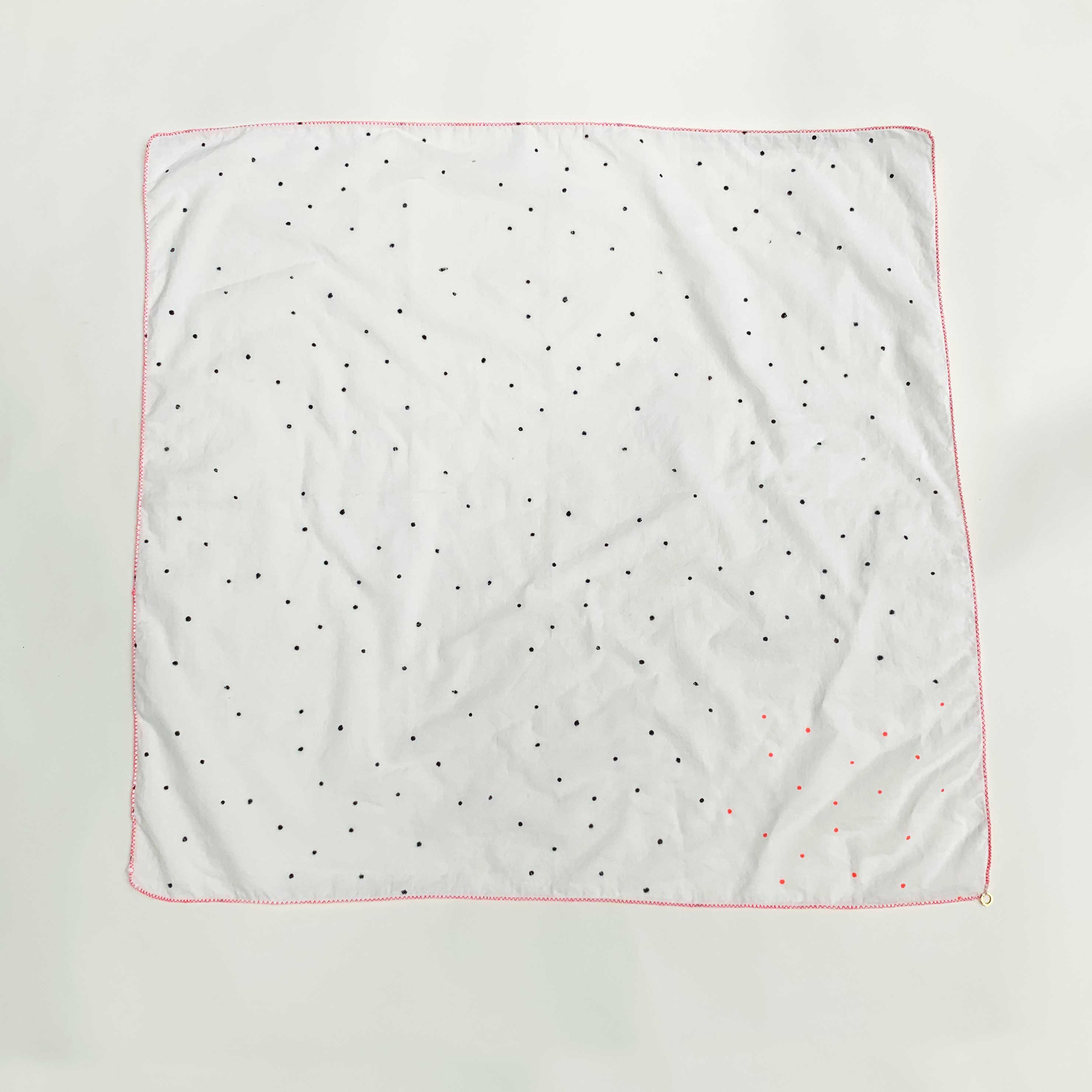 M+A NYC Block Print Scarf Scattered Dots in Black and Porange on a white ground, 25” Square