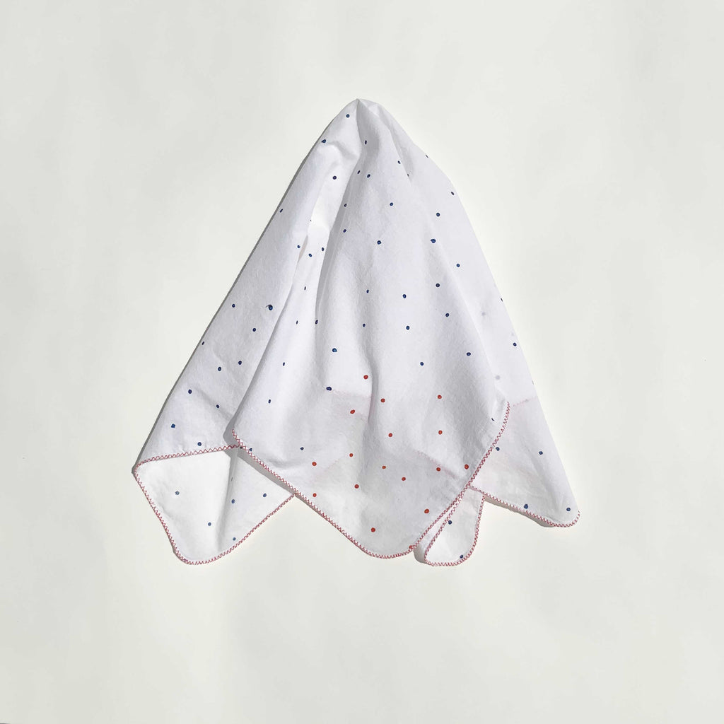 M+A NYC Block Print Scarf Scattered Dots in Enamelware Blue and Red on a white ground, 25” Square