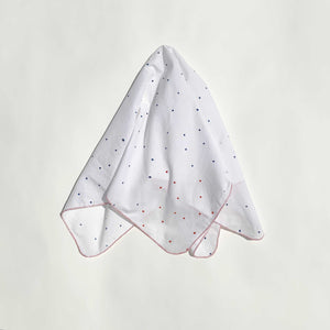 M+A NYC Block Print Scarf Scattered Dots in Enamelware Blue and Red on a white ground, 25” Square