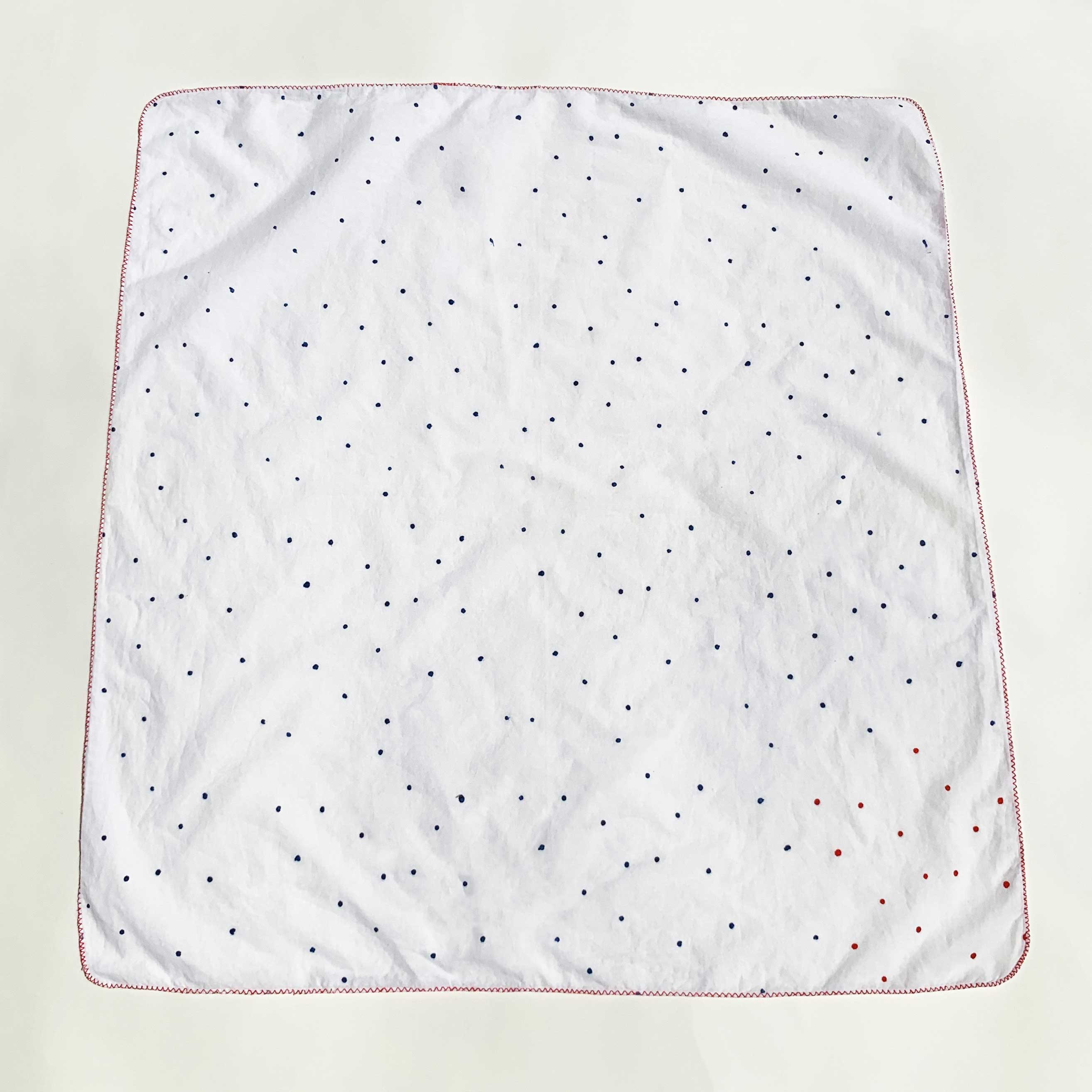 M+A NYC Block Print Scarf Scattered Dots in Enamelware Blue and Red on a white ground, 25” Square